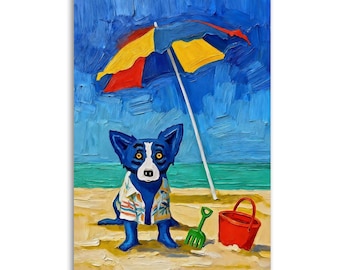 Blue Dog at the Beach Canvas Print, Louisiana Blue Dog Wall Art, Whimsical Dog on the Beach Wall Decor, Summer Blue Dog Art