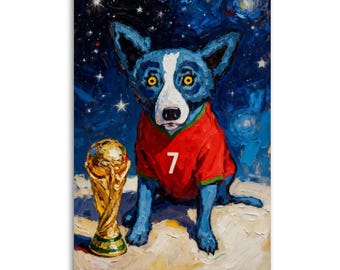 Blue Dog In #7 Jersey Canvas Print, Louisiana Blue Dog Wall Art, Starry Night Blue Dog with Trophy, Football Fan Wall Decor