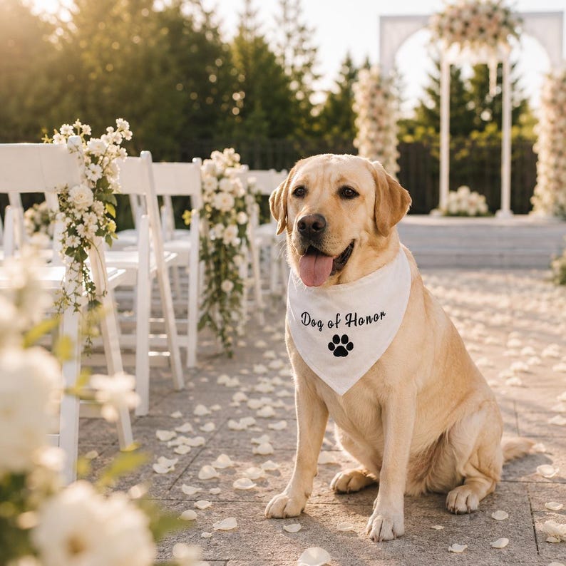 Pu&ograve; includere: Un Labrador Retriever giallo seduto su un patio in pietra, che indossa una bandana triangolare bianca per animali domestici. La bandana presenta il testo nero "Dog of Honor" stampato sopra una grafica di un'impronta di zampa nera.