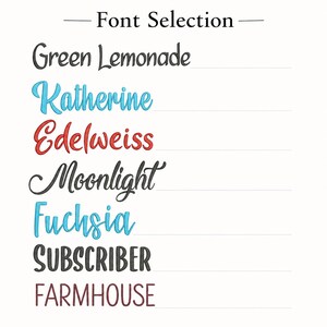 Peut inclure: Un tableau de s&eacute;lection de polices pr&eacute;sentant sept styles de texte distincts intitul&eacute;s Green Lemonade, Katherine, Edelweiss, Moonlight, Fuchsia, SUBSCRIBER et FARMHOUSE. Chaque nom est &eacute;crit dans sa police correspondante, en diverses couleurs.