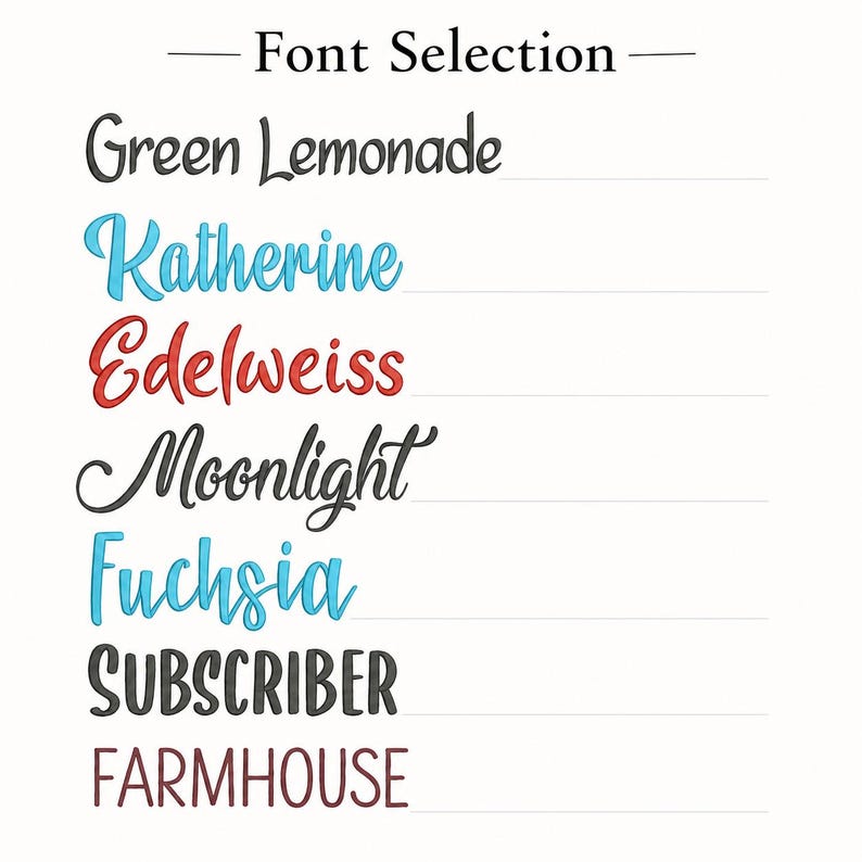 Peut inclure: Un tableau de s&eacute;lection de polices pr&eacute;sentant sept styles de texte distincts intitul&eacute;s Green Lemonade, Katherine, Edelweiss, Moonlight, Fuchsia, SUBSCRIBER et FARMHOUSE. Chaque nom est &eacute;crit dans sa police correspondante, en diverses couleurs.