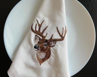 Juego de servilletas rústicas bordadas con ciervos, servilletas de tela con temática de caza.
