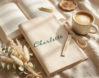 Funda para libros bordada a medida, funda para cuaderno personalizada, estuche de lona para libros con nombre, accesorio para amantes de los libros.