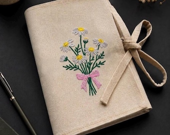 Funda para libros bordada, funda de lino para libros, protector floral para libros, estuche de lona para libros, funda para libros con margaritas