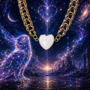May include: A gold chain necklace with a white heart-shaped pendant. The necklace is set against a cosmic background with a stylized owl and a celestial city. The color palette includes gold, white, purple, and blue.