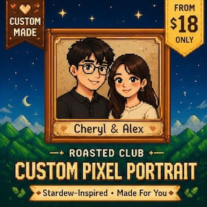 Peut inclure: Portrait pixelisé personnalisé d'un couple, Cheryl & Alex, inspiré de Stardew, encadré dans un cadre doré. L'image comprend le texte "CUSTOM MADE" et "CUSTOM PIXEL PORTRAIT". Le fond représente un ciel nocturne étoilé.