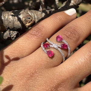 14K Solid White Gold Bypass Ring with Rubies and Natural Diamonds, Wrap Engagement And Statement Ring, Elegant Floral Inspired Jewelry