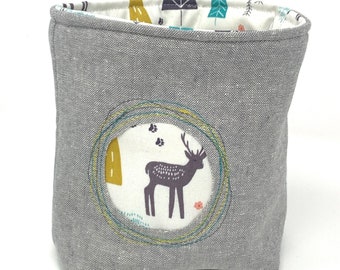 Fabric Storage Bin/Basket, Reversible - Modern Winter Forest Print