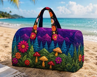 Bolsa de viaje con estampado de setas de bosque coloridas, bolsa de fin de semana para amantes de la naturaleza, bolsa de gimnasio floral estilo boho, regalo ideal para mujeres aventureras al aire libre.