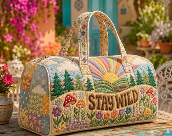 Bolsa de lona acolchada Stay Wild Hippie Camper, bolsa de viaje floral retro, bolsa de fin de semana para acampar, bolsa de fin de semana estilo hippie