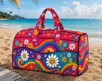Bolsa de viaje con estampado de margaritas, bolsa de lona acolchada con diseño de autobús floral, bolsa de viaje con estampado de margaritas, bonita bolsa de camping para pasar la noche, bolsa de fin de semana retro con estampado de margaritas