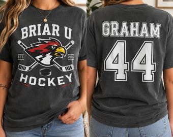 2 Sided Briar University Hockey Comfort Colors T-Shirt, Hawk Mascot, Crossed Sticks, Collegiate Sports Tee, Briar U Graham 44 Shirt