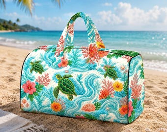 Bolso acolchado de tortuga, bolso acolchado de tortuga marina, tortuga marina colorida, bolso de autobús de tortuga, playa tropical, bolso de gimnasio bohemio