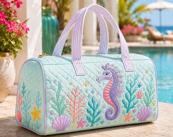 Bolsa de lona acolchada con estampado de hipocampo marino, bolsa de fin de semana con estampado de hipocampo oceánico, bolsa de fin de semana para la playa, bolsa de viaje acolchada para acampar con estampado de hipocampo