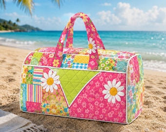 Bolso de viaje acolchado estilo camper retro con patchwork, bolso de viaje con lindas flores de margarita, bolso de fin de semana estilo boho vintage, regalo de fin de semana en tonos pastel para ella.