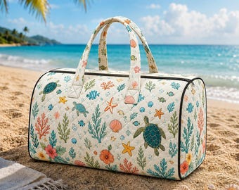 Bolsa de fin de semana con diseño de tortuga marina, bolsa de lona acolchada con diseño de tortuga marina, bolsa de fin de semana para la playa, playa tropical, bolsa de fin de semana con diseño de tortuga marina y autobús.