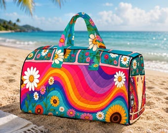 Bolso de fin de semana con logo personalizado, bolsa de lona acolchada para acampar, bolso de fin de semana retro con margaritas, bolsa de gimnasio con el símbolo de la paz de los años 70, bolsa de viaje hippie floral