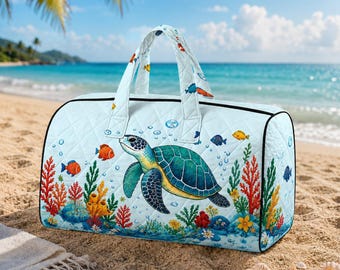 Bolsa de lona acolchada con estampado de tortuga marina, bolsa de fin de semana con temática oceánica, bolsa de fin de semana para la playa, bolsa de viaje con estampado de tortuga, estilo tropical para la playa.