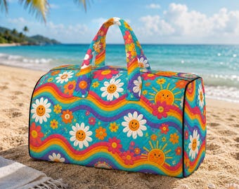 Bolsa de lona acolchada Daisy Bus, bolsa de viaje con flores de margarita, bolsa de viaje floral con margaritas, linda bolsa de camping para pasar la noche, bolsa de fin de semana retro con margaritas