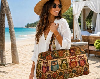 Bolso acolchado con búho, bolso de patchwork con animales del bosque, estilo cottagecore natural, bolso de viaje floral con estampado de bosque nocturno, bolso de mano acolchado con búho