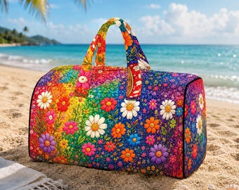 Bolso acolchado con estampado de margaritas, estilo hippie floral, bolso de viaje acolchado con estampado de flores de autobús, bolso hippie de patchwork floral colorido, bolso de fin de semana floral