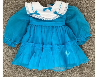 Vtg Fluffy Shy Girls Dress Party Ruffle Bows Turquoise White T2 y2