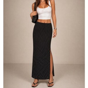 Y2K vtg Kathie Lee Collection zwarte maxi-rok met stippen en zijsplitten Mediano J3