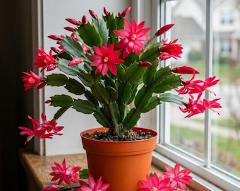 May include: A vibrant Schlumbergera cactus, commonly known as a Christmas cactus, potted in a simple orange plastic container. The plant features segmented green stems adorned with numerous bright pink flowers and unopened buds in various stages.