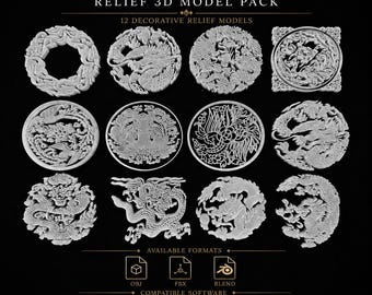Puede incluir: Una colección digital titulada DRAGON & PHOENIX RELIEF 3D MODEL PACK que presenta 12 modelos en relieve grises, circulares y cuadrados, de dragones y fénix. Incluye formatos OBJ, FBX y BLEND, compatibles con Blender, Maya, 3ds Max y C4D.