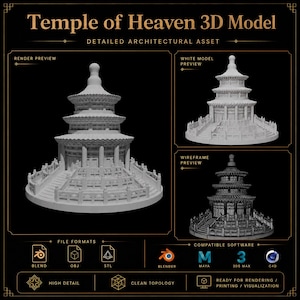May include: A 3D model of the Temple of Heaven, a detailed architectural asset. The image shows a render preview, a white model preview, and a wireframe preview. Compatible with Blender, Maya, 3DS Max, and C4D. High detail and clean topology.