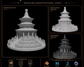 Puede incluir: Un modelo 3D del Templo del Cielo, un activo arquitectónico detallado. La imagen muestra una vista previa de renderizado, una vista previa del modelo blanco y una vista previa de estructura alámbrica. Compatible con Blender, Maya, 3DS Max y C4D. Alto detalle y topología limpia.