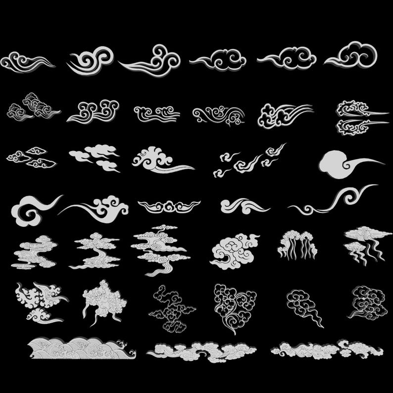 May include: A collection of white, stylized cloud illustrations arranged in a grid on a black background. The designs feature various traditional swirling patterns, layered formations, and elongated wisps, showcasing diverse shapes and textures.