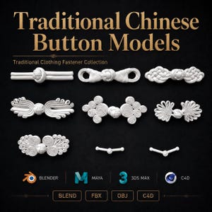 May include: A collection of white, traditional Chinese button models, showcasing various intricate designs. The image features multiple styles of fasteners, including knot and loop closures, against a dark background. Text reads "Traditional Chinese Button Models."