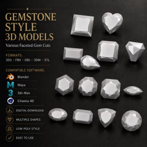 Puede incluir: Una colección de modelos 3D de piedras preciosas facetadas en tonos plateados con diversas formas geométricas como corazón, redondo, cuadrado y pera. La imagen incluye texto que enumera formatos como 3DS, FBX, OBJ, 3DM, STL y compatibilidad de software para Blender, Maya, 3ds Max y Cinema 4D.