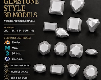 Puede incluir: Una colección de modelos 3D de piedras preciosas facetadas en tonos plateados con diversas formas geométricas como corazón, redondo, cuadrado y pera. La imagen incluye texto que enumera formatos como 3DS, FBX, OBJ, 3DM, STL y compatibilidad de software para Blender, Maya, 3ds Max y Cinema 4D.