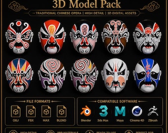 Puede incluir: Una colección digital de 10 máscaras de ópera de Pekín presentadas como un paquete de modelos 3D. La imagen muestra varias máscaras con patrones intrincados y coloridos en rojo, negro, blanco, azul y marrón, junto a iconos de software.