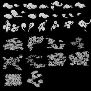 May include: A collection of white graphic illustrations featuring various stylized cloud shapes and swirling wind patterns arranged in rows against a solid black background. The designs include individual wisps, dense clusters, and intricate linear formations.