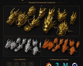 Puede incluir: Imagen que muestra un '10 Dragon Head 3D Model Pack', con modelos de cabeza de dragón dorados, plateados y naranjas. La imagen incluye iconos de formato de archivo y logotipos de compatibilidad de software. El texto dice "Detailed Ornamental Collection".