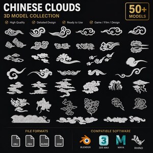 May include: A digital collection of over 50 3D models featuring various Chinese cloud motifs in white against a black background. The image includes text labels for file formats like OBJ, FBX, BLEND, 3DM and compatible software icons for Blender, 3DS Max, Maya, and Rhino.