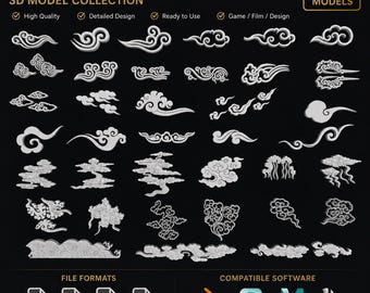 Puede incluir: Una colección digital de más de 50 modelos 3D con varios motivos de nubes chinas en blanco sobre un fondo negro. La imagen incluye etiquetas de texto para formatos de archivo como OBJ, FBX, BLEND, 3DM e iconos de software compatible para Blender, 3DS Max, Maya y Rhino.