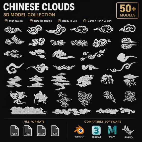 Chinese Auspicious Clouds 3D Model Pack, Oriental Cloud Designs (OBJ, FBX, BLEND, 3DM)