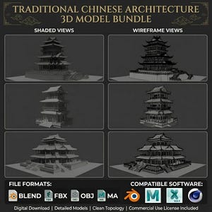 May include: A digital 3D model bundle of traditional Chinese architecture. The image shows shaded and wireframe views of several multi-tiered pagoda-style buildings. The text includes "Traditional Chinese Architecture 3D Model Bundle", file formats, and compatible software.