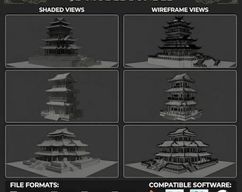 Puede incluir: Un paquete de modelos 3D digitales de arquitectura tradicional china. La imagen muestra vistas sombreadas y de estructura alámbrica de varios edificios de estilo pagoda de varios niveles. El texto incluye "Traditional Chinese Architecture 3D Model Bundle", formatos de archivo y software compatible.