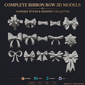 Peut inclure: Une collection de 14 modèles 3D de nœuds de ruban de différentes formes et tailles, présentés sur fond sombre. Le texte indique "COMPLETE RIBBON BOW 3D MODELS" et "14 UNIQUE STYLES & ASSEMBLY COLLECTION".