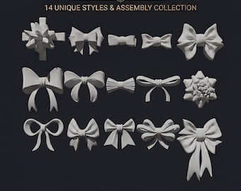 Puede incluir: Una colección de 14 modelos 3D de lazos de cinta de diferentes estilos y diseños, presentados en color gris sobre un fondo oscuro. El texto superior indica "COMPLETE RIBBON BOW 3D MODELS" y "14 UNIQUE STYLES & ASSEMBLY COLLECTION".