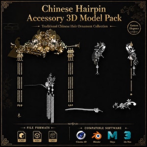 May include: A 3D model pack of Chinese hairpins featuring gold and silver ornaments with floral motifs, dangling chains, and beads. The text reads Chinese Hairpin Accessory 3D Model Pack, Traditional Chinese Hair Ornament Collection, and Eastern Elegance.