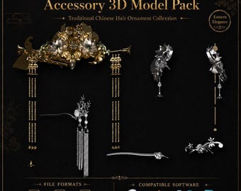 Puede incluir: Un paquete de modelos 3D de horquillas chinas con adornos dorados y plateados, motivos florales, cadenas colgantes y cuentas. El texto dice Chinese Hairpin Accessory 3D Model Pack, Traditional Chinese Hair Ornament Collection y Eastern Elegance.