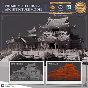 May include: A detailed 3D model of a Chinese building, rendered in shades of grey. The image features the text "PREMIUM 3D CHINESE ARCHITECTURE MODEL" and software compatibility logos. Two smaller images show clay shading and wireframe views.