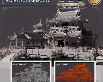 Puede incluir: Modelo 3D de arquitectura china, renderizado en escala de grises. La imagen incluye el texto "PREMIUM 3D CHINESE ARCHITECTURE MODEL" y logotipos de compatibilidad de software. Dos imágenes más pequeñas muestran vistas de sombreado de arcilla y estructura alámbrica.