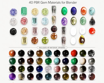 Puede incluir: Una imagen que muestra una colección de materiales de piedras preciosas para Blender. La imagen presenta una variedad de piedras preciosas en diferentes formas y colores, incluyendo esmeraldas, zafiros y amatistas. El texto "Gemstone Materials" y "40 PBR Gem Materials for Blender" se muestra en la parte superior.